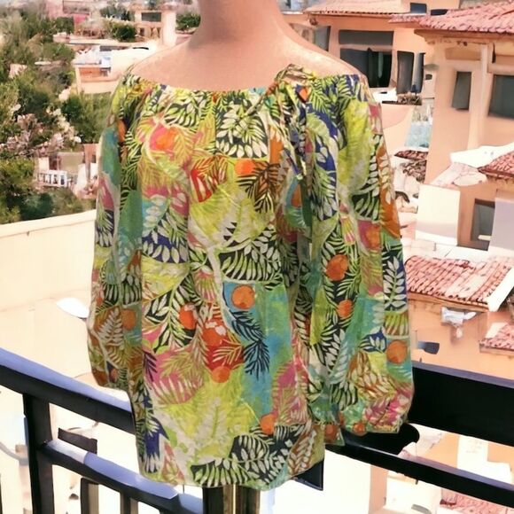 HESTER ORCHARD NWT LINEN BLEND TROPICAL WOMENS TOP BLOUSE BRIGHT OFF SHOULDER - Picture 1 of 12